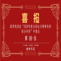 全國會計師事務(wù)所綜合評價排名公布，我公司位列89名！